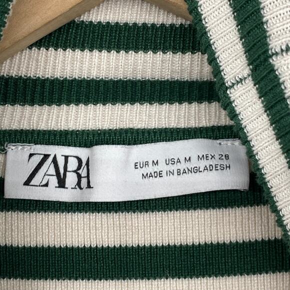 ZARA Sweater Womens M Striped Ribbed Cropped Turtleneck Pullover Green White - Picture 4 of 11